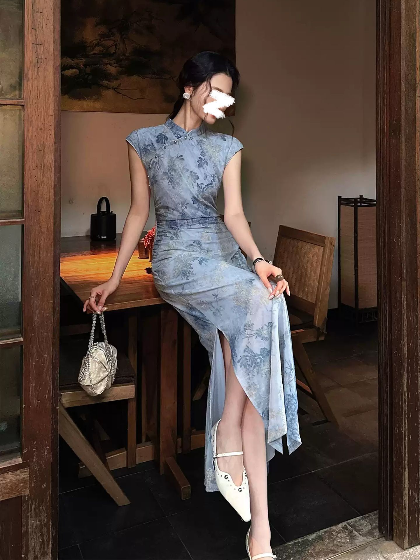 Đầm maxi cải lương kiểu sườn xám nhung tăm, eo thon, xẻ tà dài — Vàng trăng, Tía đường, Xanh mây, Xanh lục chi tiết 4