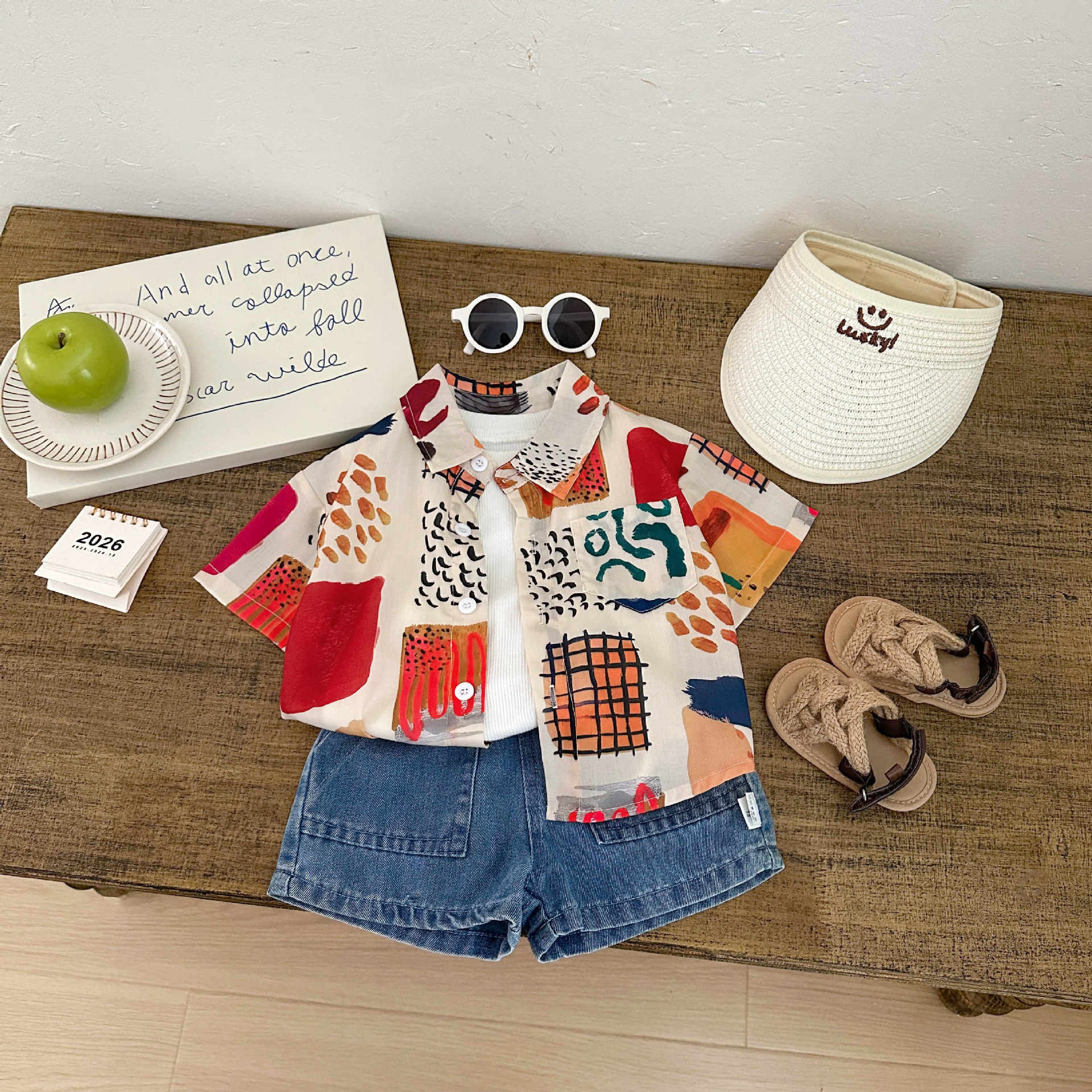 Hanfan verano bebé graffiti camisa de mangas cortas ropa de bebé de verano delgada cardigan transpirable camisa de moda infantil