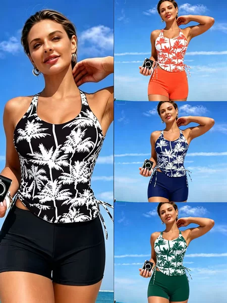 European and American Cross-Border New Style Coconut Tree Print Two-Piece Square-Leg Swimsuit for Women, Conservative Tummy-Concealing Slimming Tankini, in Stock Wholesale
