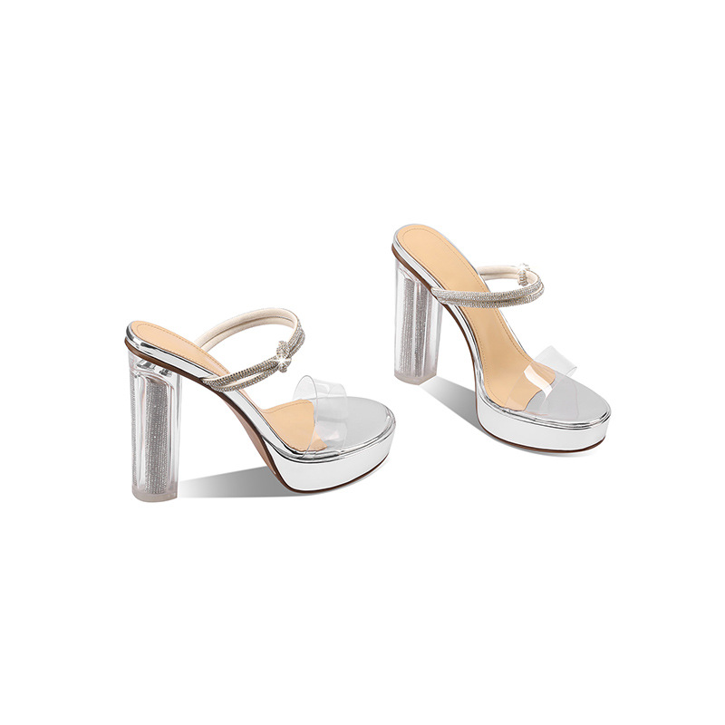 Sandal cao gót nữ gót trong suốt pha lê, quai ngang, gót 9 cm — Màu Sâm panh