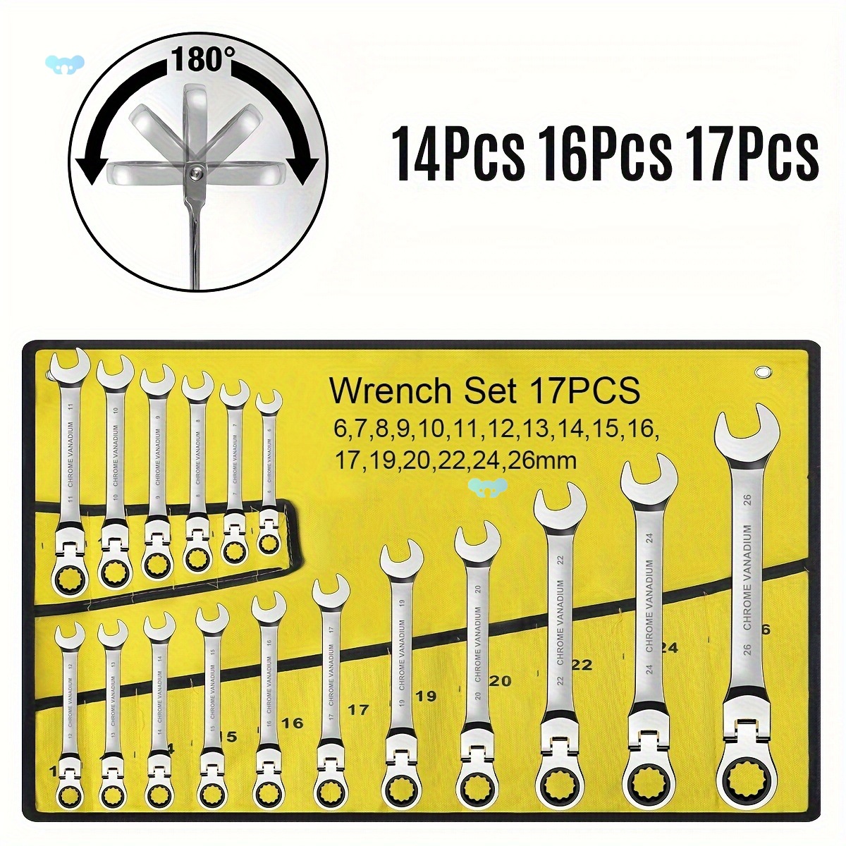 14 17pcs Flex Head Ratchet Wrench set 6 26mm 72 Teeth