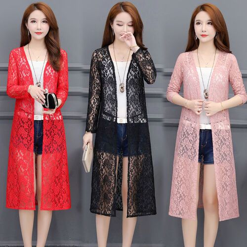Loose Lace Sunscreen Top with Long Sleeve Open-Front Blouse for Summer, Expendable Medium-Length Shawl-Sleeve Thin Outerwear Air Conditioning Shirt