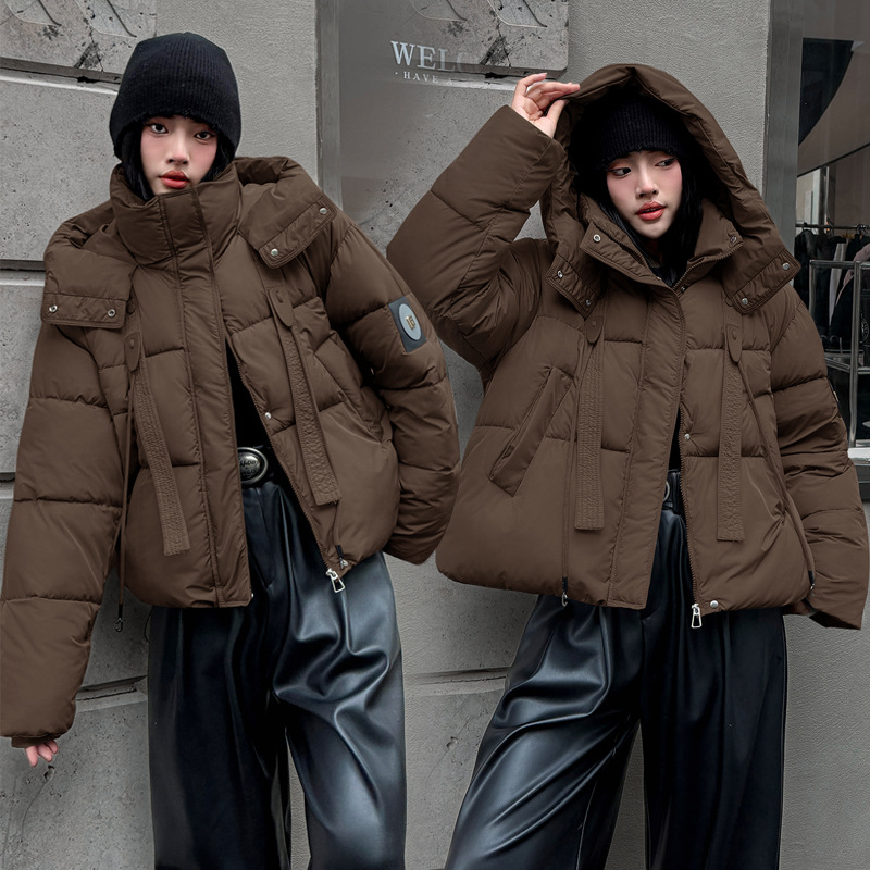 Europa americana ropa de algodón corta mujer invierno 2025 nuevo estilo de moda con capuzas curry grueso chaqueta de algodón
