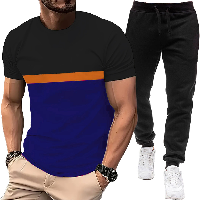 2025 夏半袖ラウンドネック Tシャツヨーロッパとアメリカの新しいクロスボーダーカラーマッチングスポーツレジャー Tシャツメンズパンツスーツ|undefined