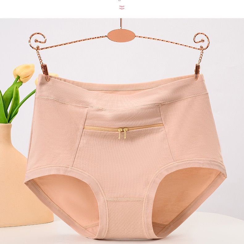 Pure Cotton High Elastic High Waist Women's Zipper Pocket Anti-Theft Briefs Skin-Friendly, Comfortable, Breathable, Antibacterial Plus Size Underwear