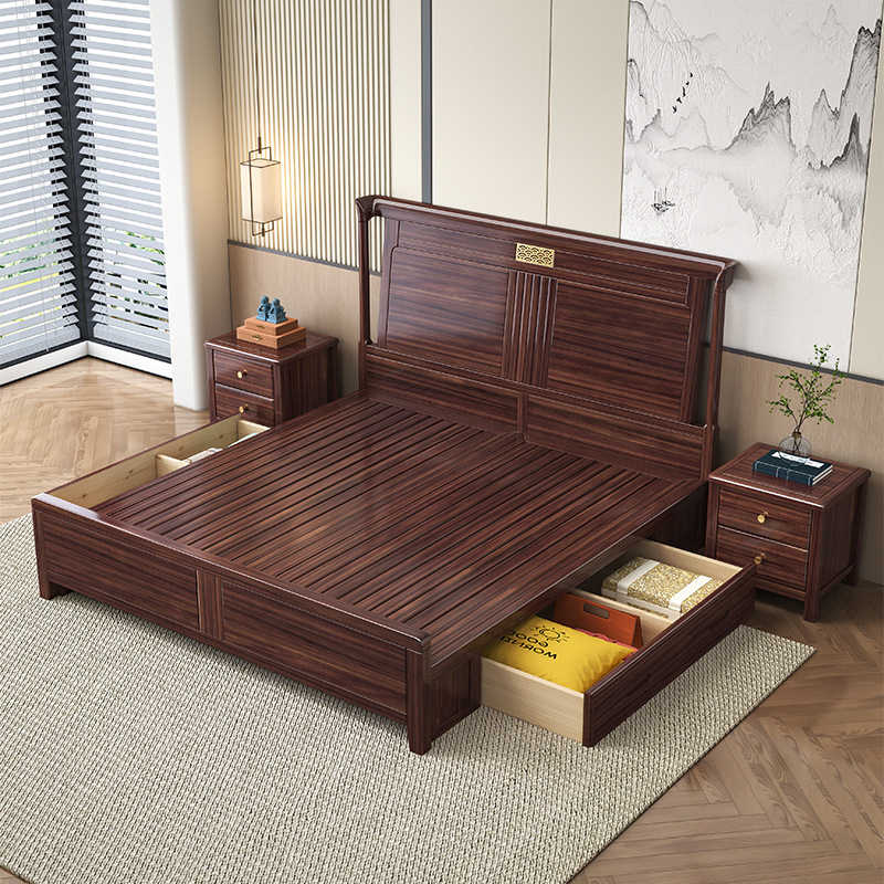 Nuevo estilo chino cama de madera sólida dormitorio doméstico madera sólida écono cama doble simple almacenamiento de muebles de dormitorio