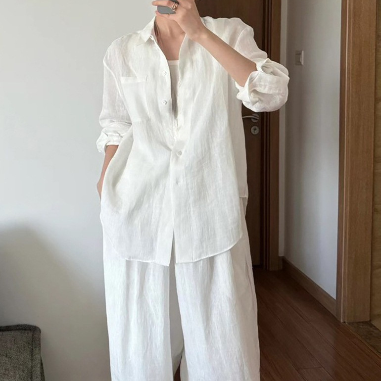 Old Money Style Linen Suit Women's Shirt Summer New Fashion Sun Protection White Cotton-Linen Shirt-Like Wide-Leg Pants