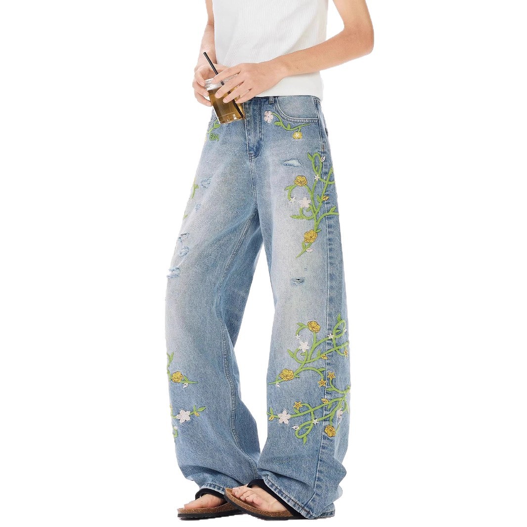 Nicho americano flor bordado jeans hombre verano 2025 nuevo estilo de moda recto delgado vibe pantalones largos
