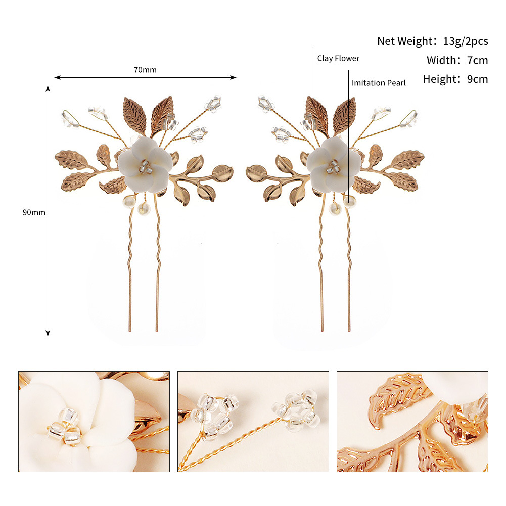 Retro Style New Bridal Ornament Golden Leaf Pearl U-shaped Pin Ancient Style Han Chinese Clothing Updo Hair Accessories Ceramic Flower Hairpin