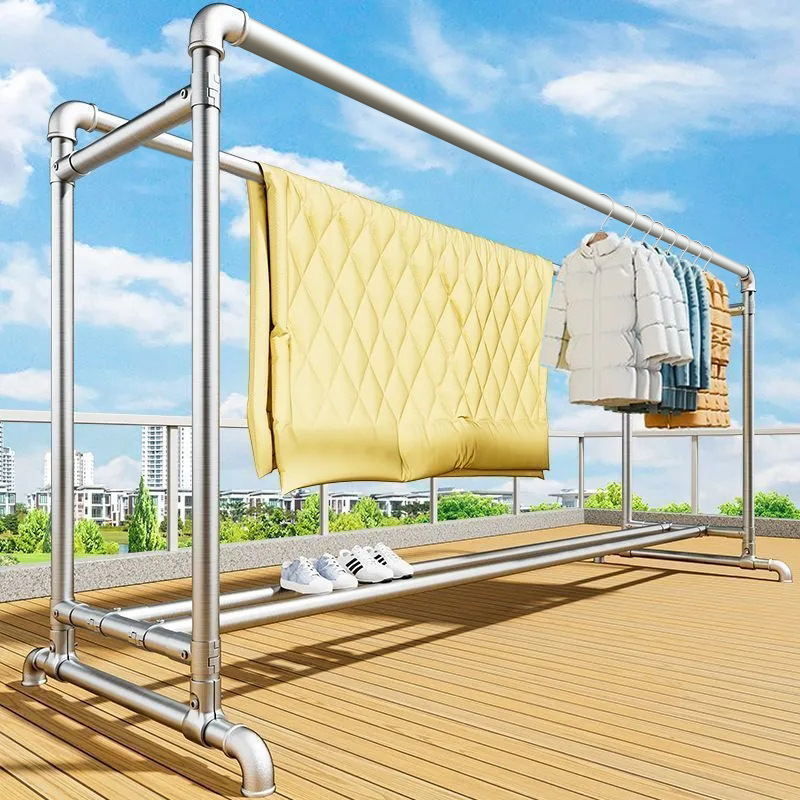 Double Tube Heating Pipe Hanger Bold Floor Simple Clothes Hanger Balcony Drying Stretchable Movable Clothes Hanger