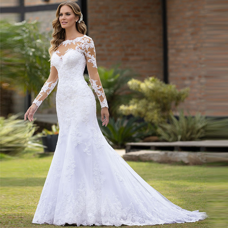 Vestido de Novia de Encaje Sexy Estilo Europeo y Americano, Nuevo Otoño 2025, Manga Larga con Cola Pequeña, Directo de Fábrica