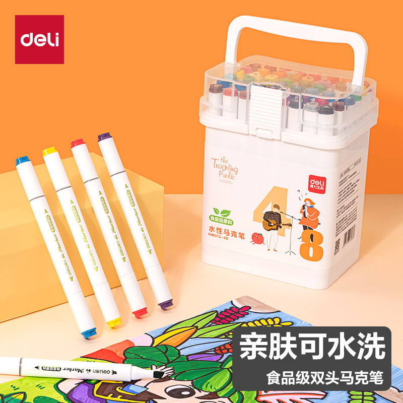 Deli Marker Pen Food Grade Waterborne Double-Head Color Watercolor Pen Washable for Primary School Children's Art