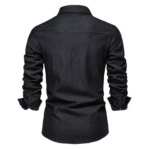 2024 Men's Foreign Trade Cross-border European Code Denim Collared Shirt Men's Casual Solid Color Men's Denim Long Sleeve Shirt