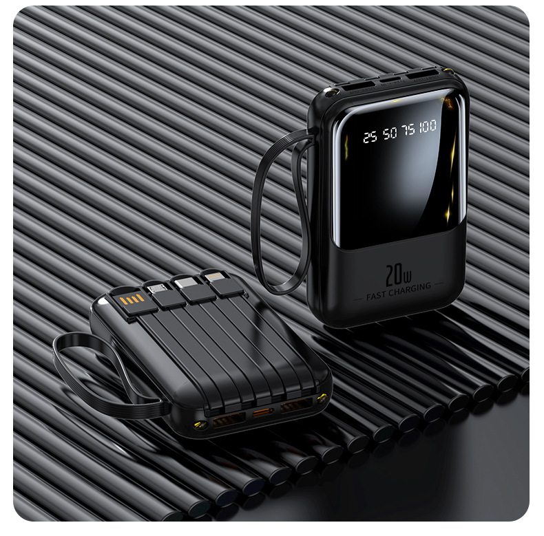 Cross-Border Power Bank Mini Built-in Cable High Capacity 20000mAh Fast Charging Mobile Power Supply Gift Logo Printing