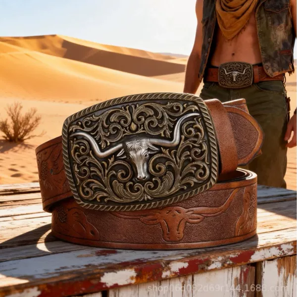 Cross-Border Popular Western Cowboy Belt American Retro Large Buckle Belt Men's Trendy Street Outerwear Belt