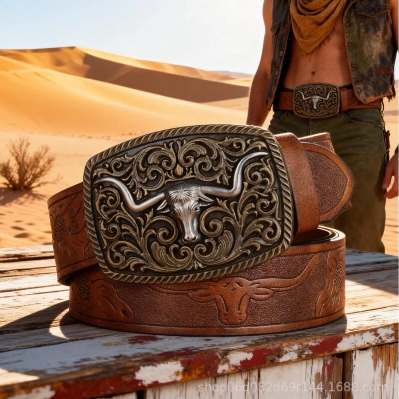 Cross-Border Popular Western Cowboy Belt American Retro Large Buckle Belt Men's Trendy Street Outerwear Belt