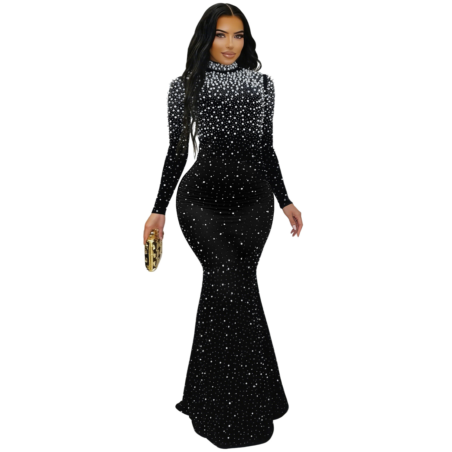 C7622 Aliexpress transfronterizo Amazon Europa y América moda de mujer elegante cuello alto bolsas de diamantes calientes vestido de cadera image 7