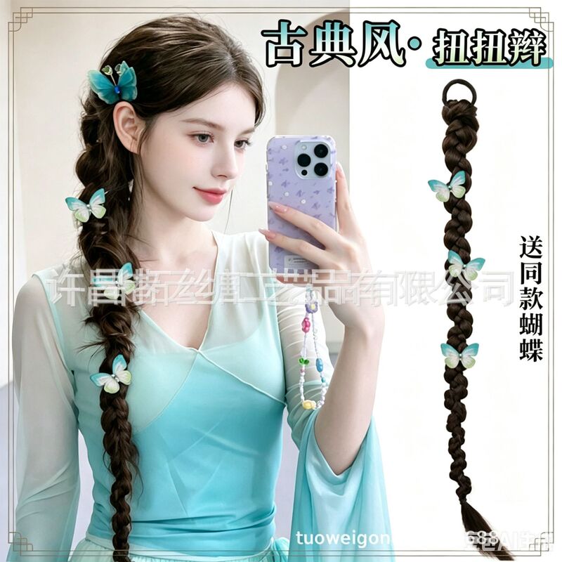 Wig Braids for Women, New Chinese Style, Traditional Chinese Hair Side Braids, Realistic Twisted Braids, Ancient Style Hanfu, Cheongsam, Wig Braids, Ponytail Wig Braids for Women, New Chinese Style, Traditional Chinese Hair Side Braids, Realistic Twisted Braids, Ancient Style Hanfu, Cheongsam, Wig Braids, Ponytail