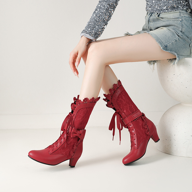 Elegant Lace-Up Bowknot Lady Boots, Mid-Calf Riding Boots, High-Heeled Boots, Sizes 33-43, Large Size Foreign Trade Boots