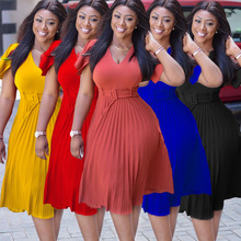 Q016M 欧美非洲女装外贸连衣裙性感V领飞飞袖中长款大码百褶裙夏