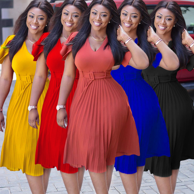 Q016M European and American African Women's Export Dress Sexy V Neck Flying Sleeves Mid-Length Large Size Pleated Skirt Summer