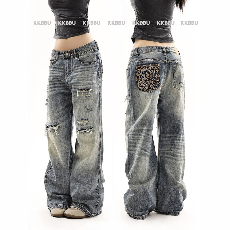 KKBBU American retro distressed wash denim pants, unisex, cleanfit, leopard print, straight-leg, wide-leg pants KKBBU American retro distressed wash denim pants, unisex, cleanfit, leopard print, straight-leg, wide-leg pants