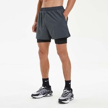 夏季男士复古美式假两件双层短裤速干透气健身跑步三分裤团跑印制
