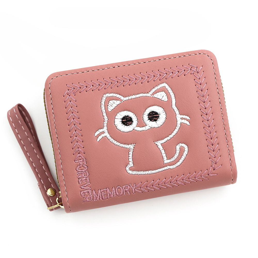 Nuevo bordado gatito damas cartera corta multi-tarjeta billetera de cambio con cremallera cartera de tarjetas de mano al por mayor