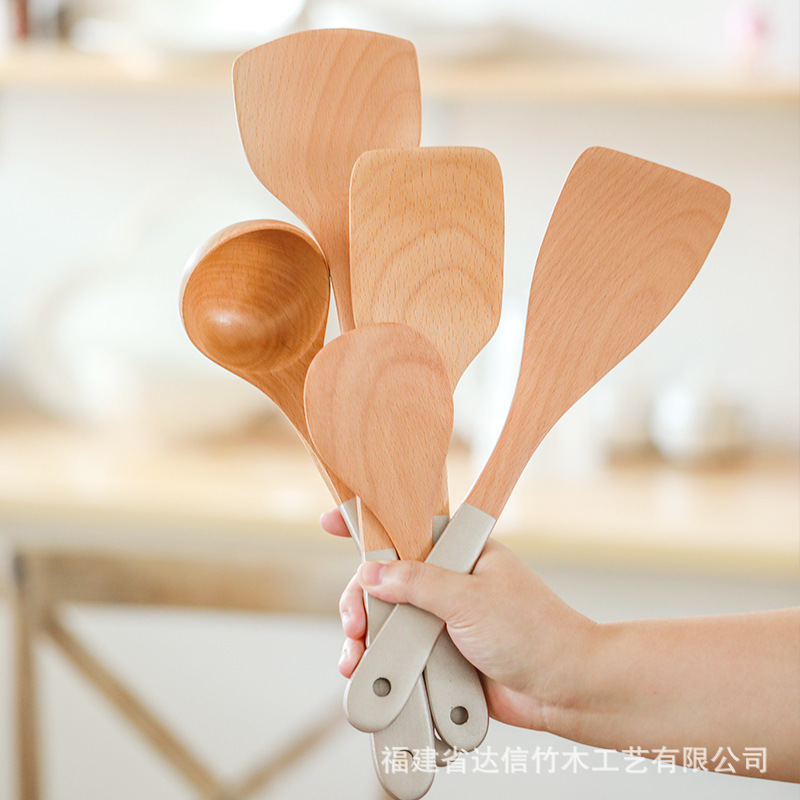 Espátula de madera olla antiadherente espátula especial de madera mango largo pala de cocina al por mayor hogar de madera utensilios de cocina traje letras generación