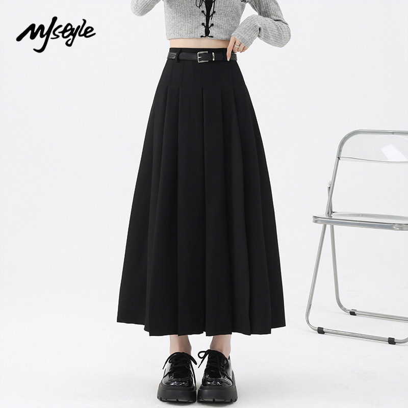 MJ STYLE灰色百褶西装裙女秋半身裙高腰休闲大摆a字过膝中长裙|undefined