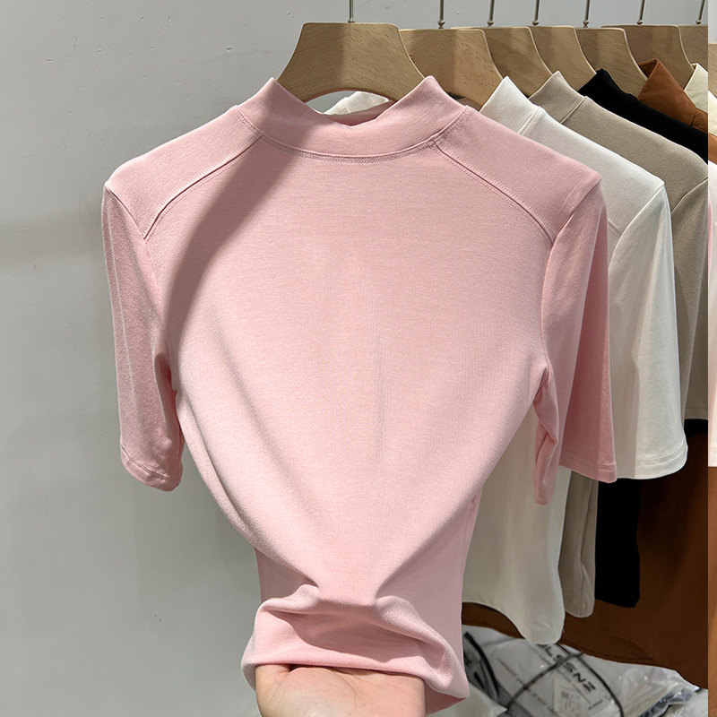 Camiseta de cuello medio alto rosa para mujeres 2025 primavera y verano nuevo estilo de moda exterior con camiseta de manga de cinco partes camiseta delgada