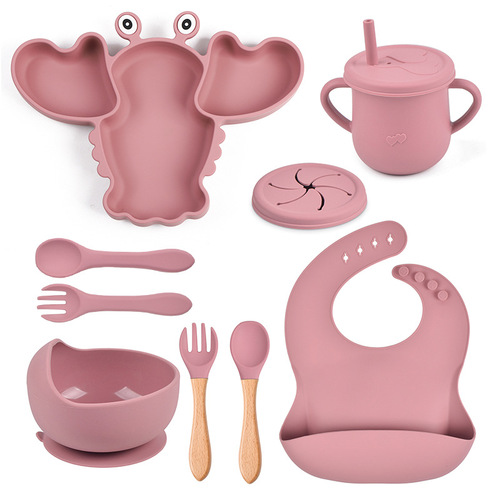 Silicone Lobster Dinner Plate Baby Bib Infant Children Bowl Tableware Spoons Forks Anti-slip Snack Cups Set Factory Wholesale