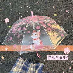日系桜猫全自動長柄折り畳み透明清新傘漫画学生かわいいins厚い傘