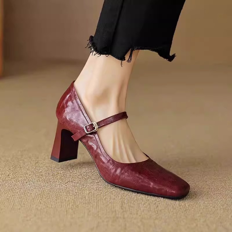 ソフトシープスキン～女性用太ヒールシューズ、フレンチ本革ハイヒール、ワンラインバックル、ミドルヒール、メリージェーンシューズ、パンプス|undefined