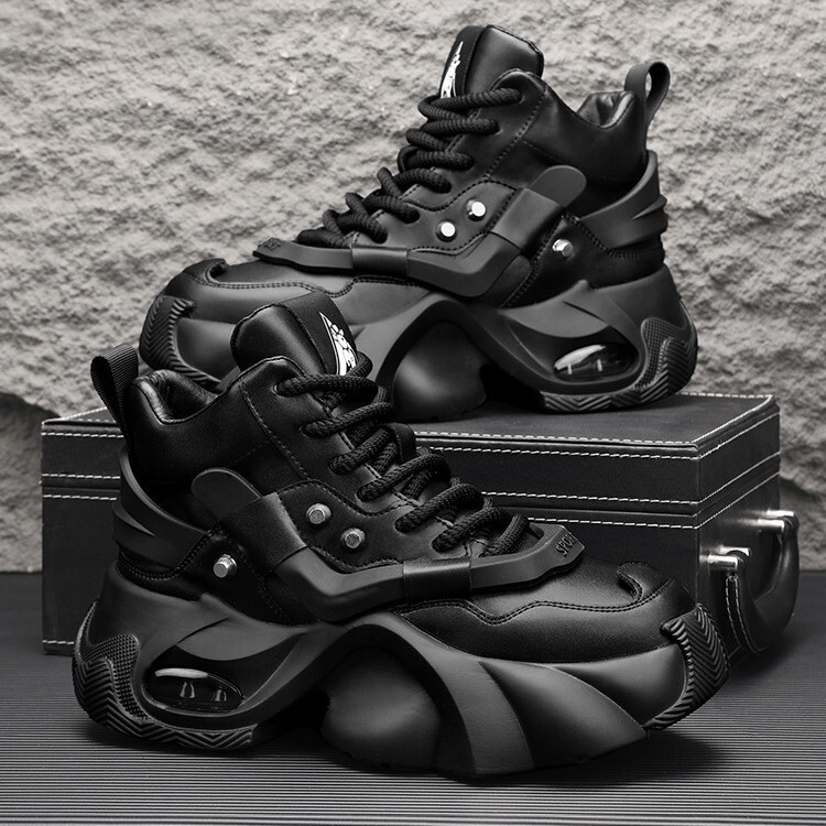 Cos Invisible Inner Height Increase 12cm 10cm 8 Men's Versatile Thick-Soled Dad Shoes Pure Black Warrior Rivet High-Top Trendy Shoes