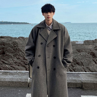 Hong Kong-style autumn and winter woolen trench coat men's mid-length knee-length loose double-breasted woolen coat trendy casual coat