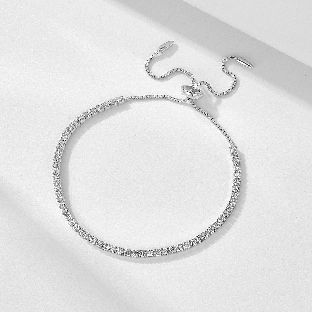 Venta caliente transfronteriza suministro de una sola fila diamante completo 2mm ronda ZIRCON pull ajustable s925 pulsera de plata para las mujeres