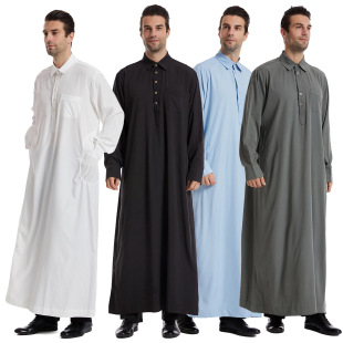 Factory Spot Middle Eastern Men's Robe Shirt Collar Button Pure Color Gown Plus Fat Plus Size Long Sleeve Men's Casual Clothing