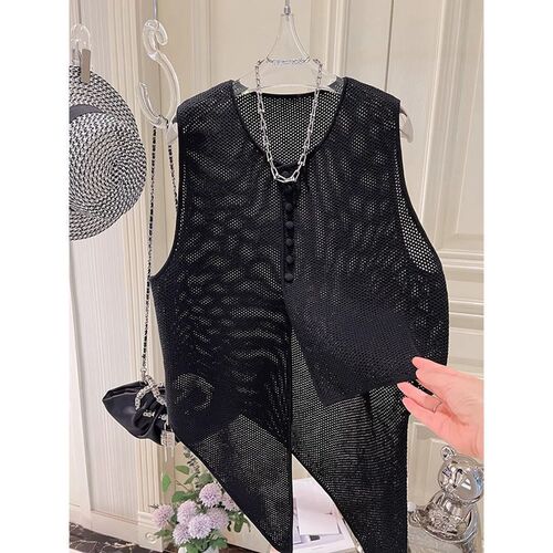 Summer Fashion Thin Knit Cardigan Vest Top for Women, Unstructured French Design Sensibility with Lattice, Loose Outerwear