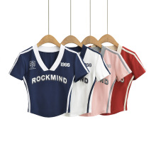 BT836-24夏季新款  欧美风拼色边缘爬条V领短袖辣妹休闲运动T恤衫