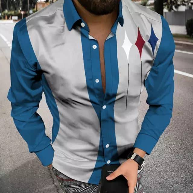 Ropa de los hombres europeos y americanos del comercio exterior 2023 primavera nuevos hombres 3D impreso casual solapa manga larga más tamaño camisa de los hombres