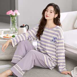 春秋新款纯棉女长袖长裤套头睡衣印花休闲女家居服图片色圆领居家