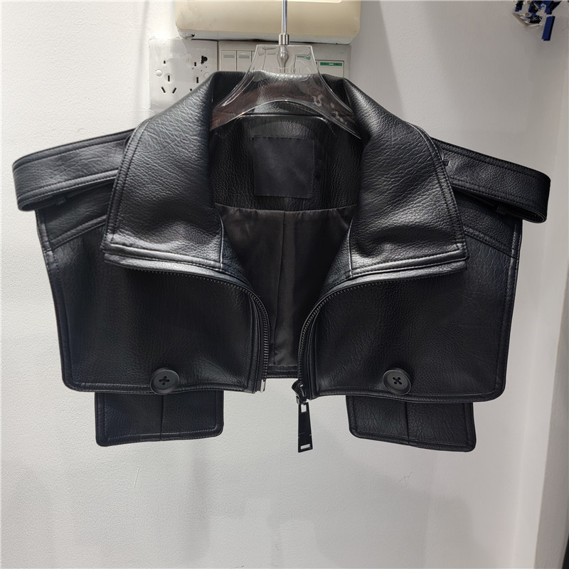 2025 otoño nuevo diseño de botón de bolsillo falso de cuello alto sin mangas super corto pu piel de moda chaleco de calle chaleco