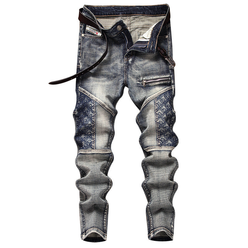 Style, personality, men's fashion, jeans, patchwork, nostalgic, elastic, small leg pants_voghion.com