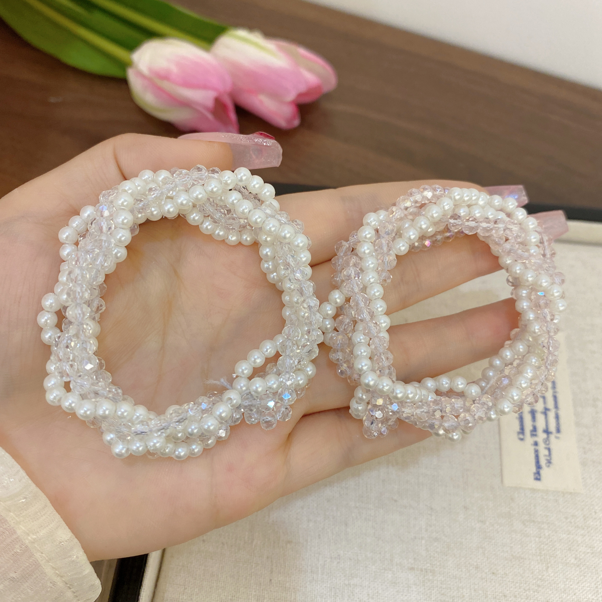 K-Style of Dongdaemun Colorfulful Pearl and Rhinestone Hair Ring Geometric Bracelet Dual-Purpose Elegant Girl Ponytail Headband Hair Accessory