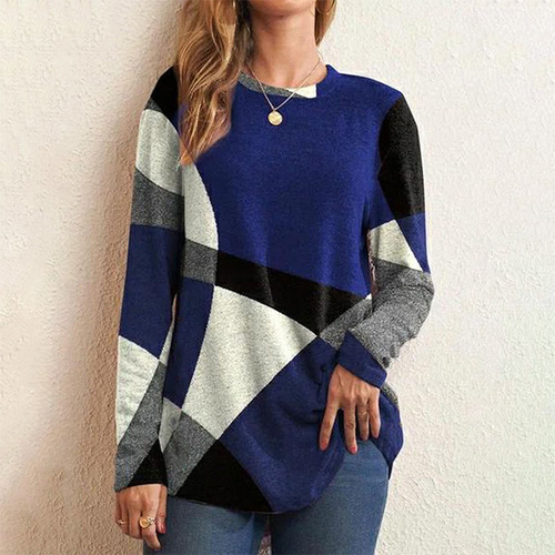 Cross-border Amazon European and American women's clothing 2024 autumn new fashion geometric pattern contrast color long-sleeved T-shirt women's clothing