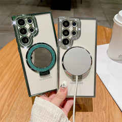 適用三星S24Ultra手機殼電鍍鏡子隱形支架S22plus+水鑽透明保護套
