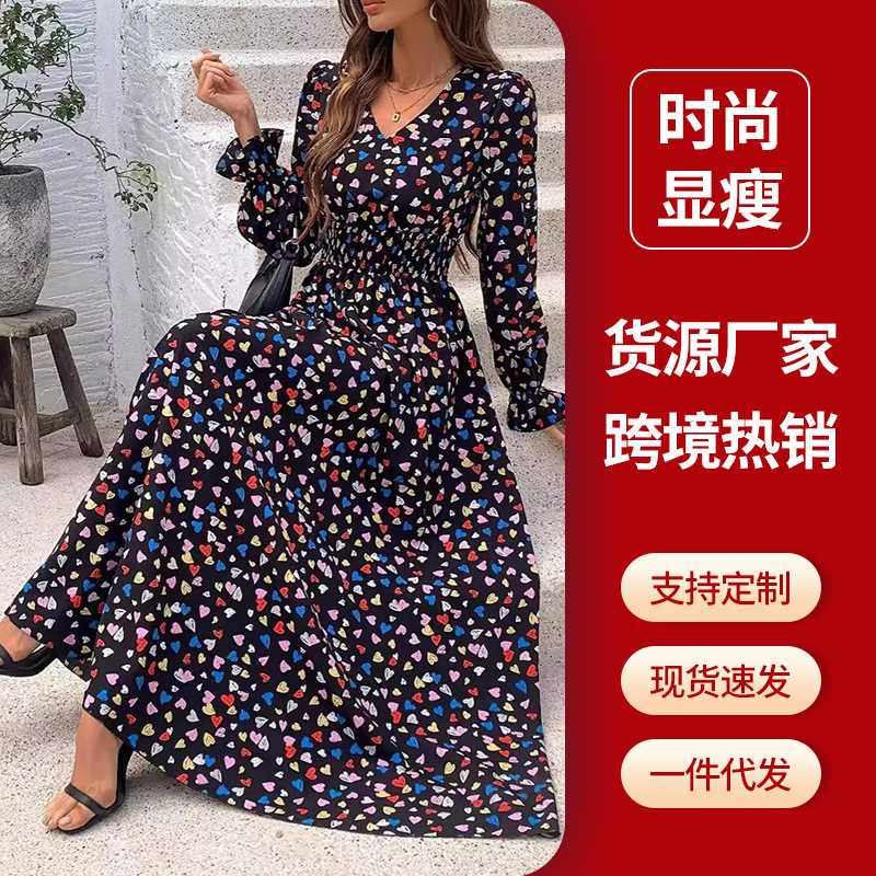 Women's Floral Dress V-Neck Elastic Puff Long Sleeves Elastic Waist Large Skirt Flowing Long Dress