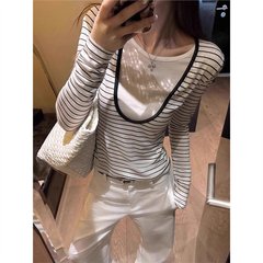 原版面料韩系条纹假两件圆领正肩长袖T恤女早秋气质修身显瘦上衣
