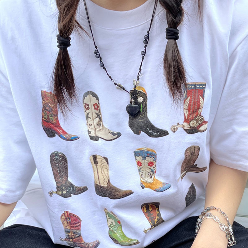 Boots Western T-Shirt Women Summer Loose Vintage Bohemian Texas T-Shirt Denim Girl Cute Figure